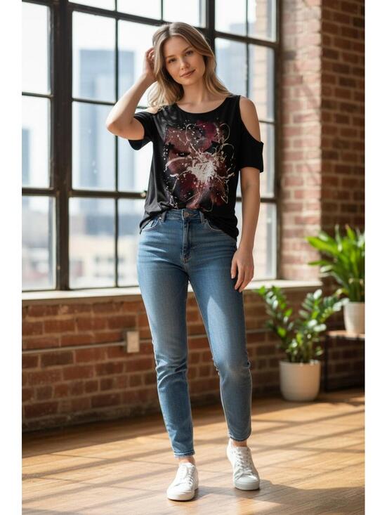 Lane Bryant Tops - Lane Bryant Black Cold Shoulder Rayon Top with Floral Print and Rhinestones